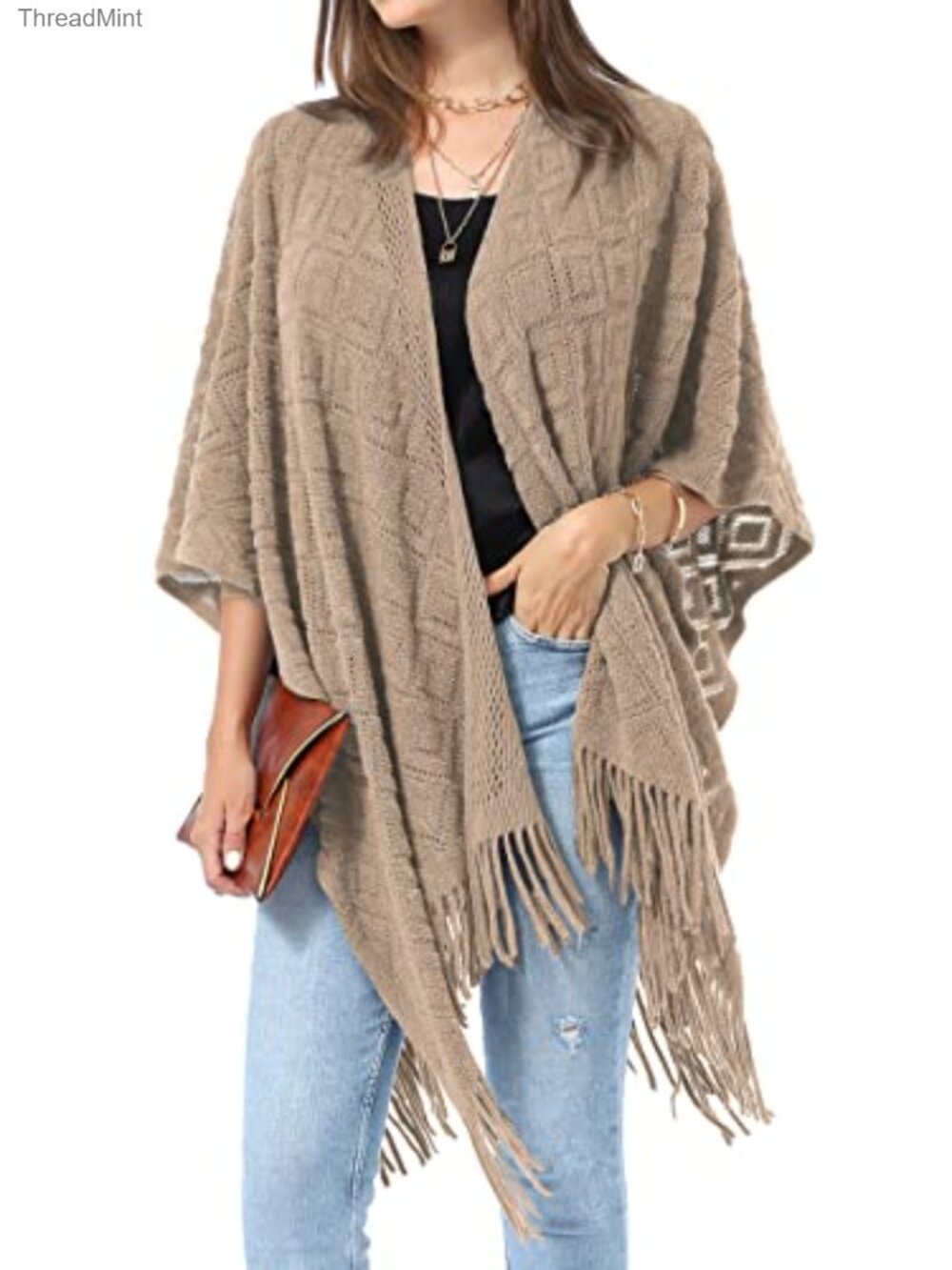 Knit Shawl Wrap Fringe Poncho Cardigan Cape Soft Acrylic One Size